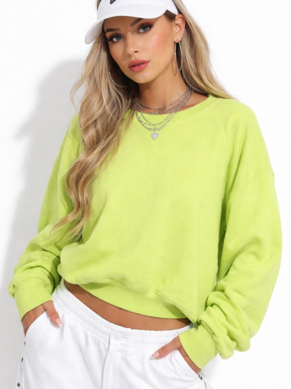 Neon Green Crewneck Sweatshirt Medium Tall Y2K Sporty Athleisure Pullover NWOT